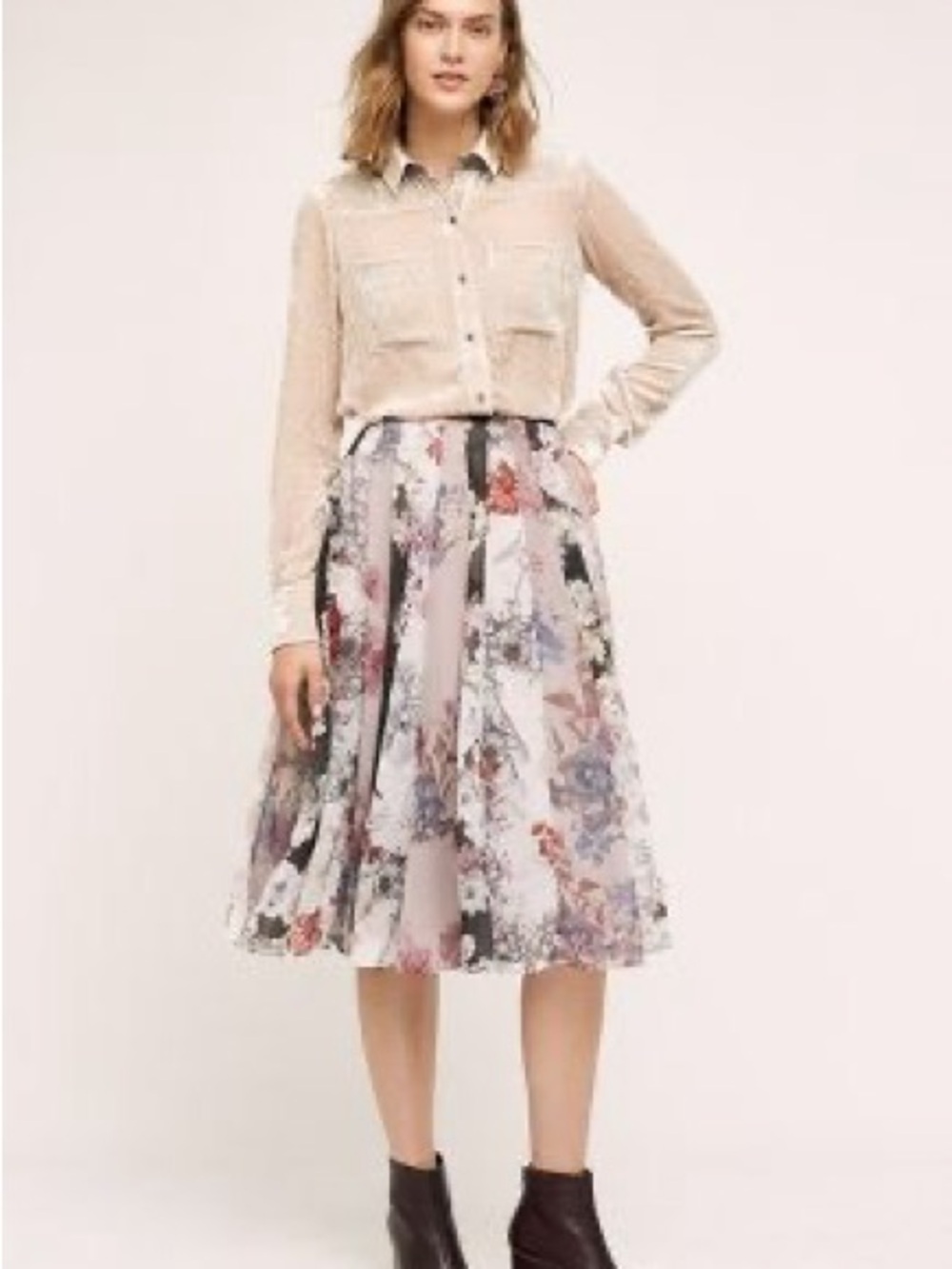 Anthropologie Floral Midi Skirt in Blush Multi-Tone